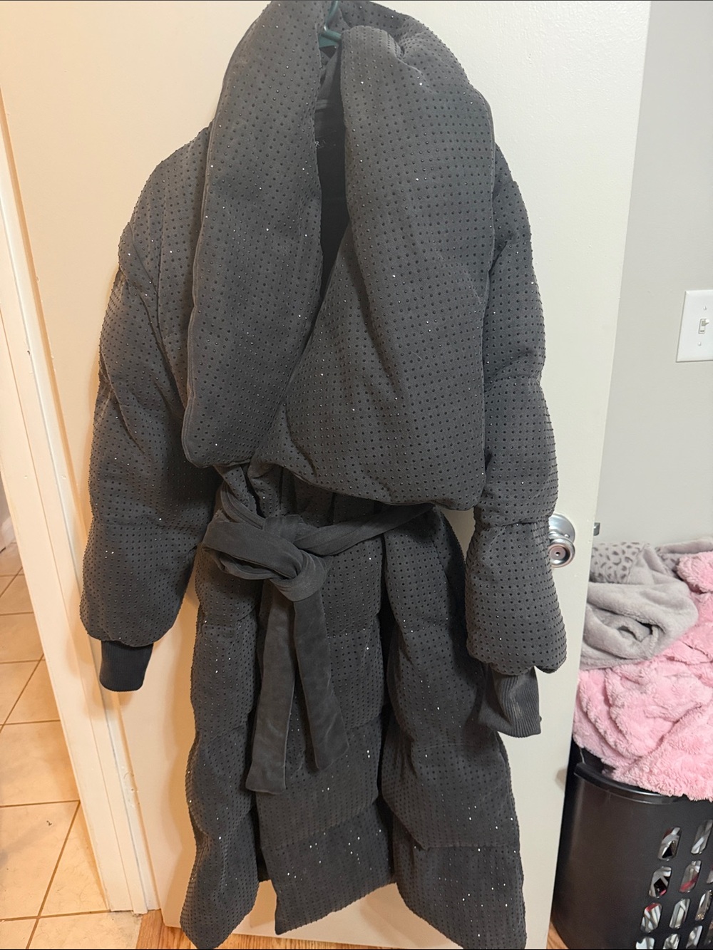 AKIRA Dark Gray Quilted Puffer Coat with Tie Belt